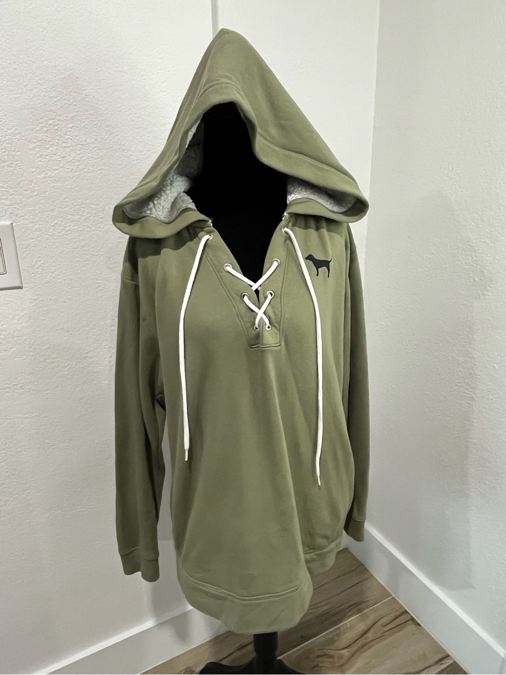 American Eagle Outfitters Olive Lace-Up Crewneck Hoodie with White Drawcords